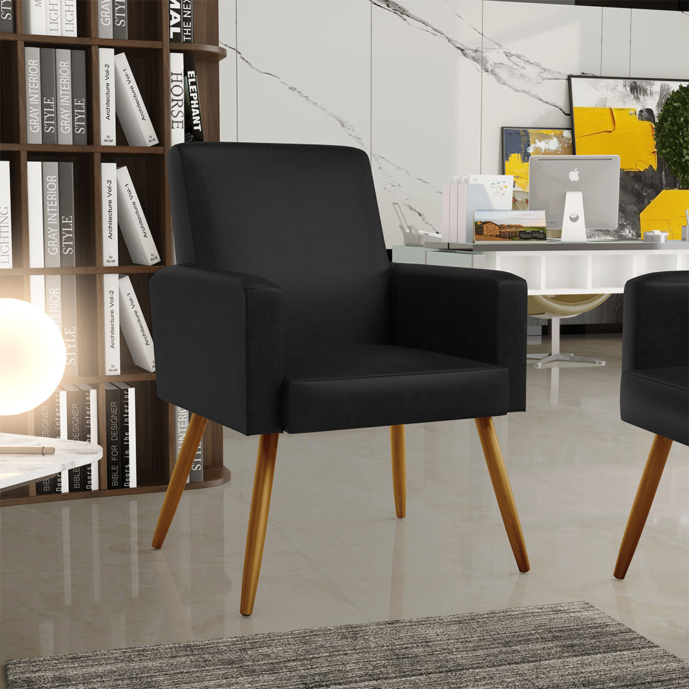 Kit 04 Poltronas Decorativa Para Sala De Estar Maria W01 Pés Palito Couríssimo Preto - Lyam Decor