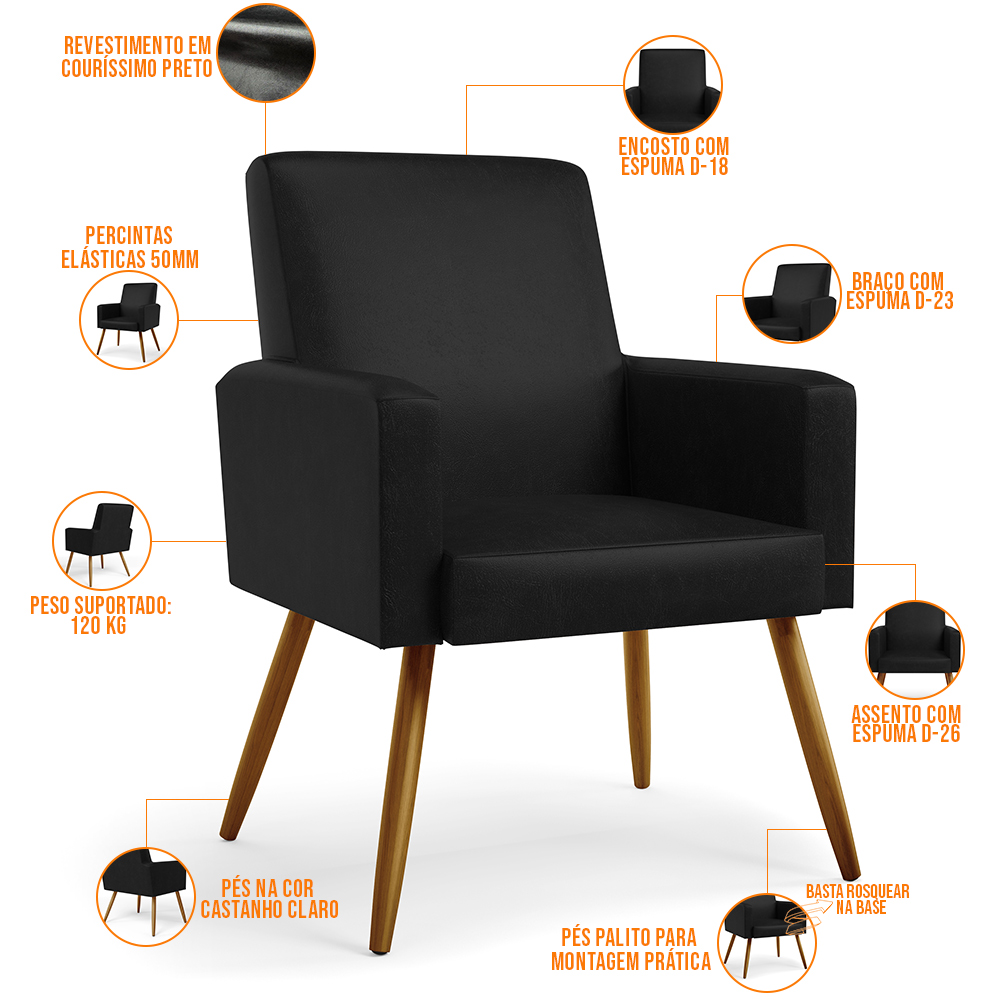 Kit 04 Poltronas Decorativa Para Sala De Estar Maria W01 Pés Palito Couríssimo Preto - Lyam Decor