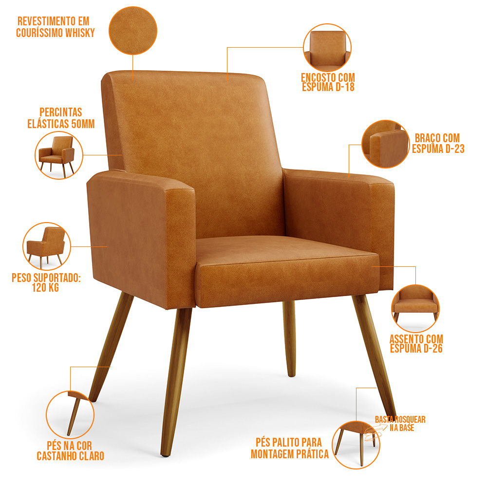 Kit 04 Poltronas Decorativa Para Sala De Estar Maria W01 Pés Palito Couríssimo Whisky - Lyam Decor