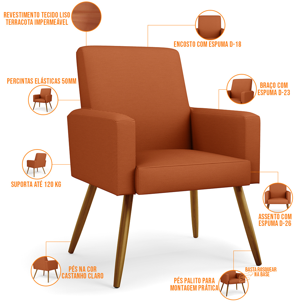 Kit 04 Poltronas Decorativa Para Sala De Estar Maria W01 Pés Palito Tecido Terracota - Lyam Decor