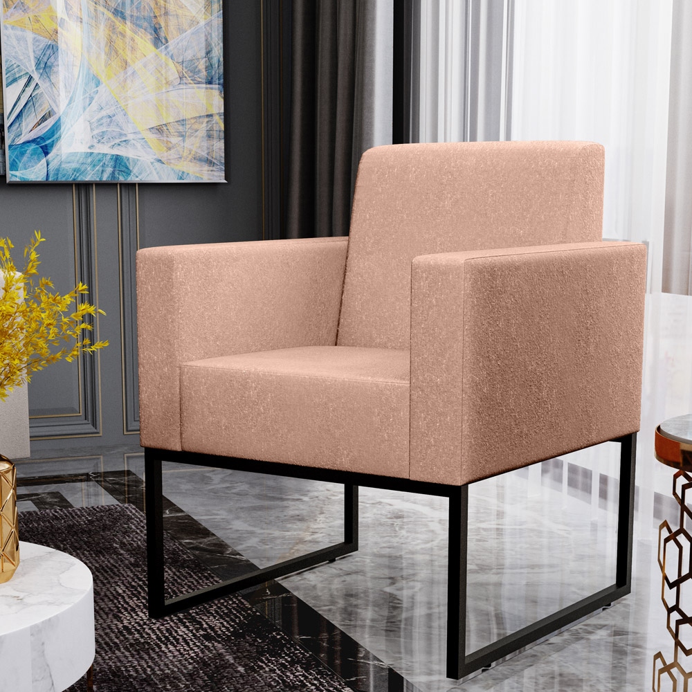 Kit 04 Poltronas Decorativa Para Sala E Recepção Base Fixa De Metal Helô L02 Linho Rosê - Lyam Decor