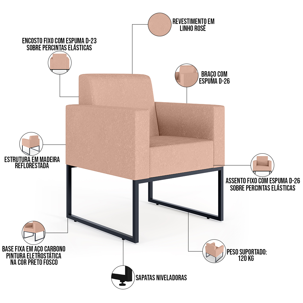 Kit 04 Poltronas Decorativa Para Sala E Recepção Base Fixa De Metal Helô L02 Linho Rosê - Lyam Decor