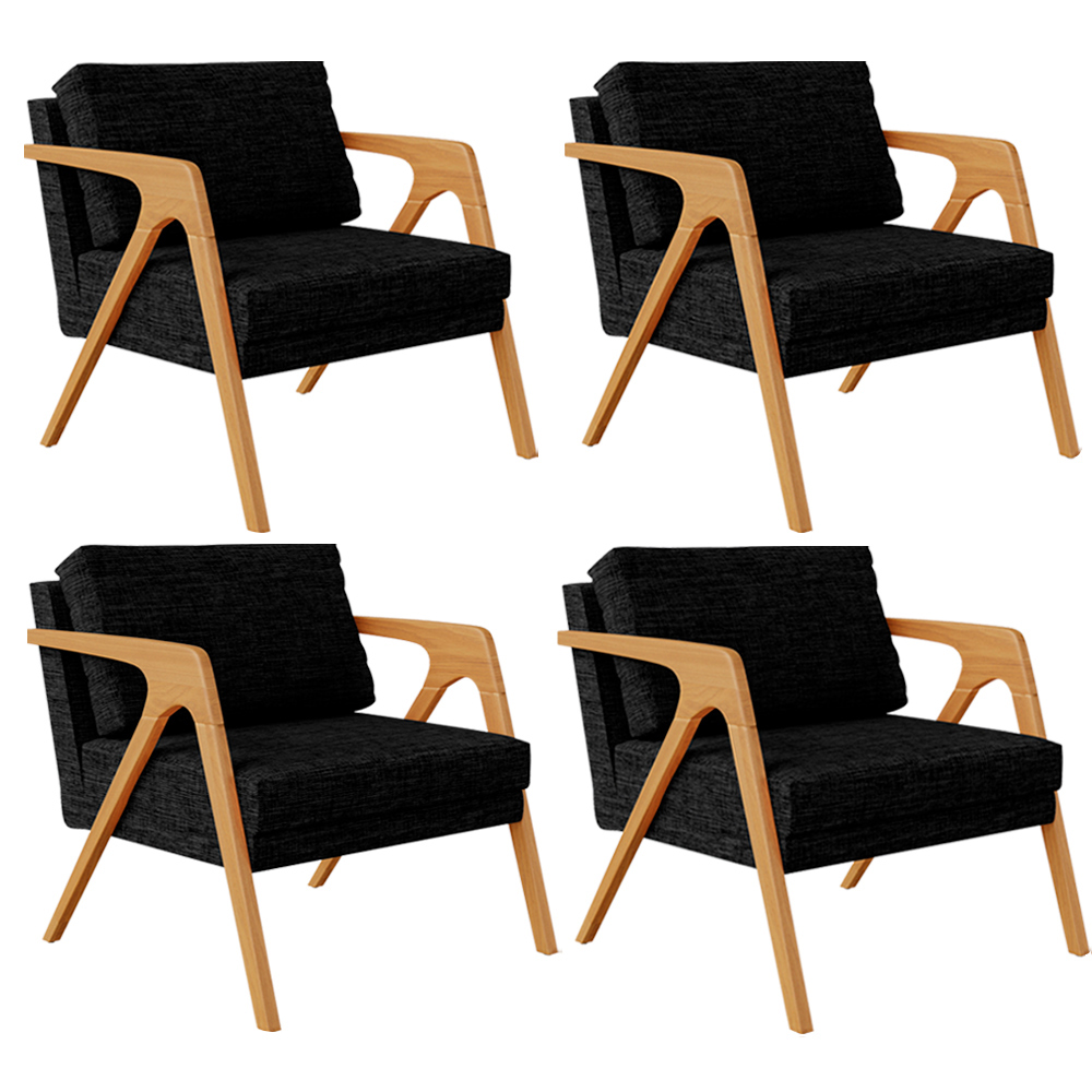 Kit 04 Poltronas Decorativa Para Sala Estar Pietra Estrutura De Madeira L02 Linho Chumbo - Lyam Decor