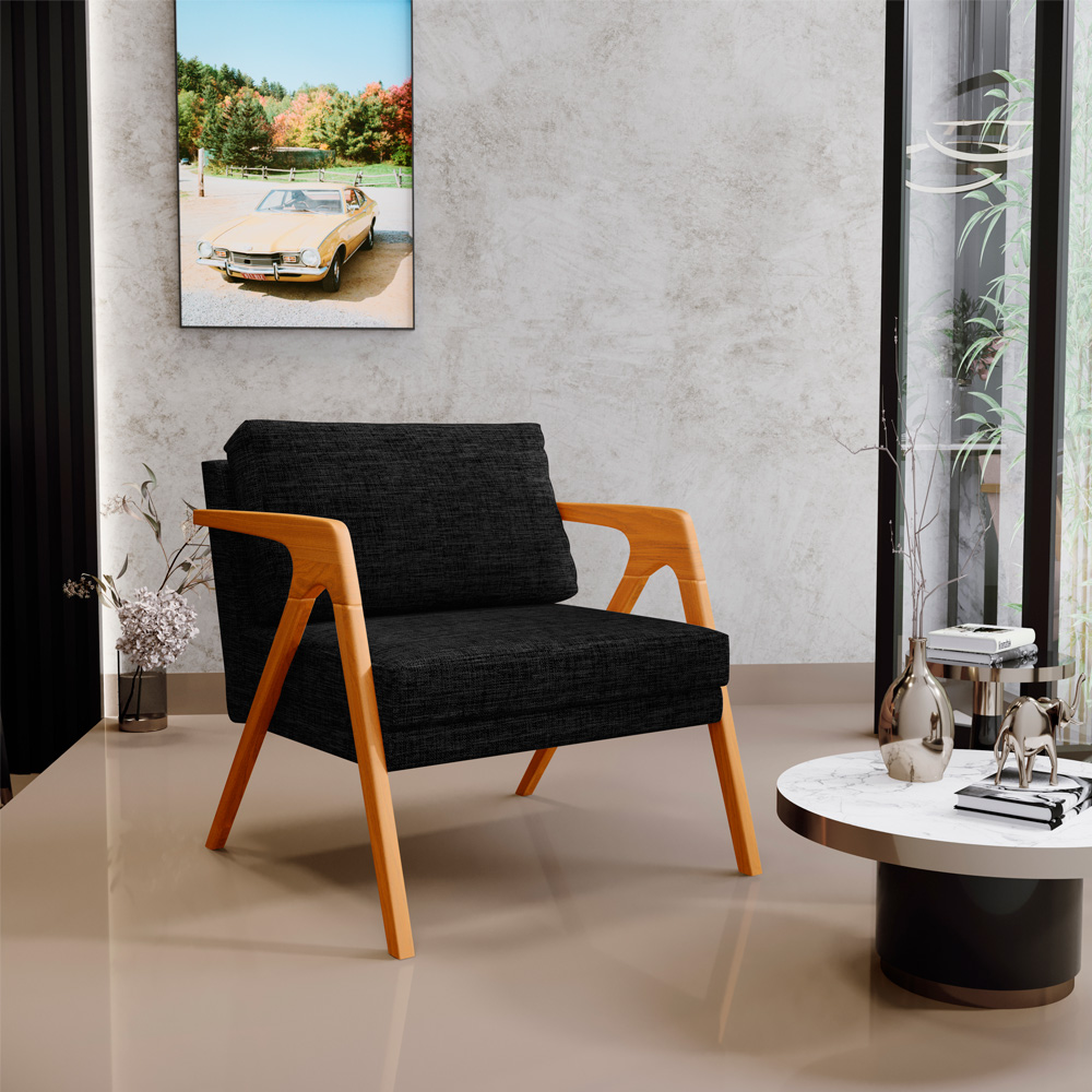 Kit 04 Poltronas Decorativa Para Sala Estar Pietra Estrutura De Madeira L02 Linho Chumbo - Lyam Decor
