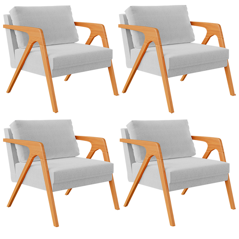 Kit 04 Poltronas Decorativa Para Sala Estar Pietra Estrutura De Madeira L02 Linho Cinza - Lyam Decor