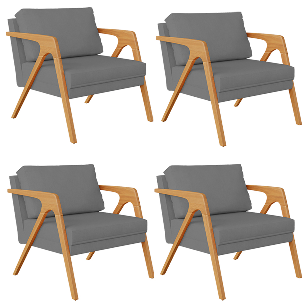 Kit 04 Poltronas Decorativa Para Sala Estar Pietra Estrutura De Madeira L02 Suede Cinza - Lyam Decor