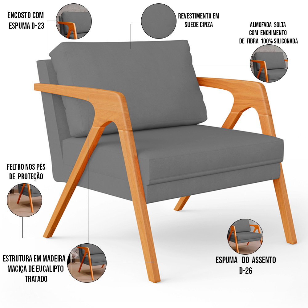 Kit 04 Poltronas Decorativa Para Sala Estar Pietra Estrutura De Madeira L02 Suede Cinza - Lyam Decor