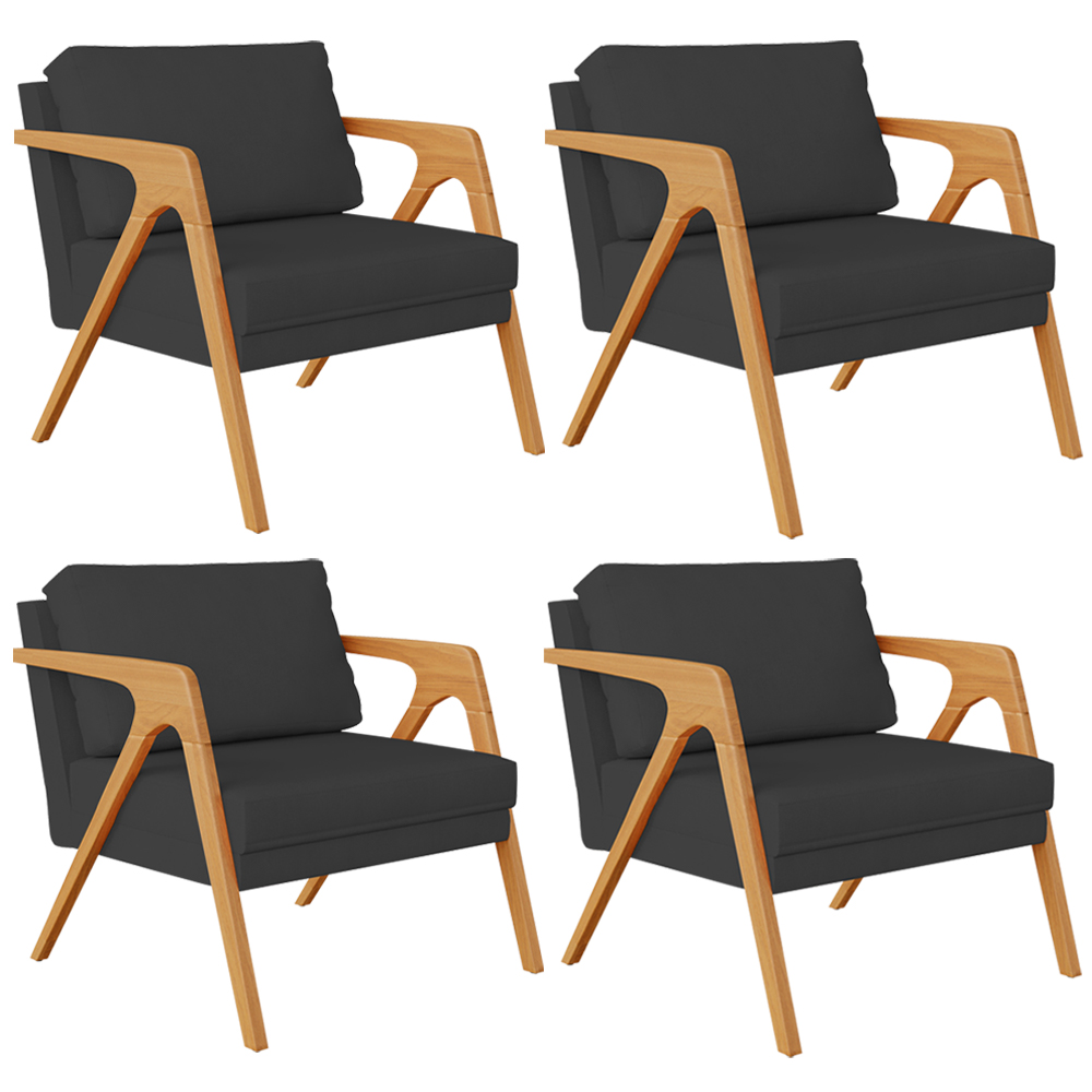 Kit 04 Poltronas Decorativa Para Sala Estar Pietra Estrutura De Madeira L02 Suede Preto - Lyam Decor