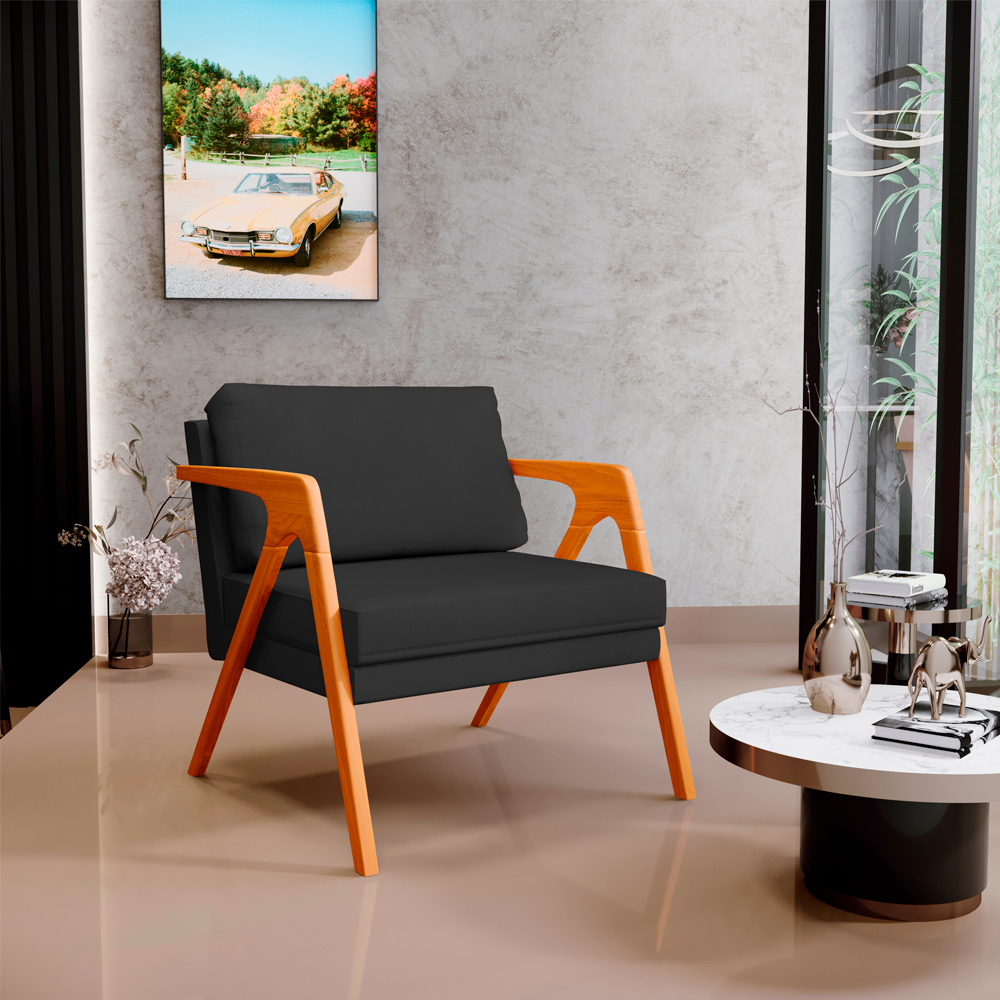 Kit 04 Poltronas Decorativa Para Sala Estar Pietra Estrutura De Madeira L02 Suede Preto - Lyam Decor