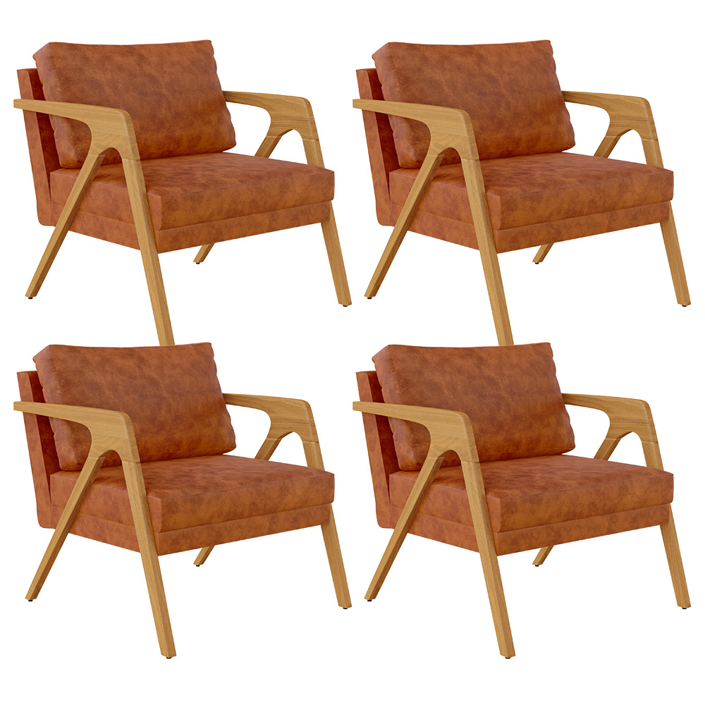Kit 04 Poltronas Decorativa Para Sala Pietra Estrutura De Madeira L02 Couríssimo Camel - Lyam Decor