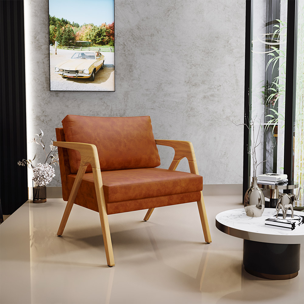 Kit 04 Poltronas Decorativa Para Sala Pietra Estrutura De Madeira L02 Couríssimo Camel - Lyam Decor