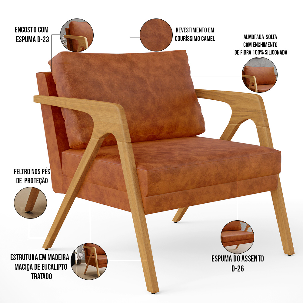 Kit 04 Poltronas Decorativa Para Sala Pietra Estrutura De Madeira L02 Couríssimo Camel - Lyam Decor