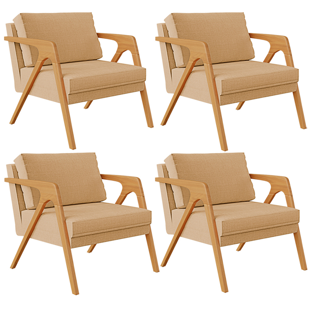 Kit 04 Poltronas Decorativa Para Sala Pietra Estrutura De Madeira L02 Linho Bege Escuro - Lyam Decor