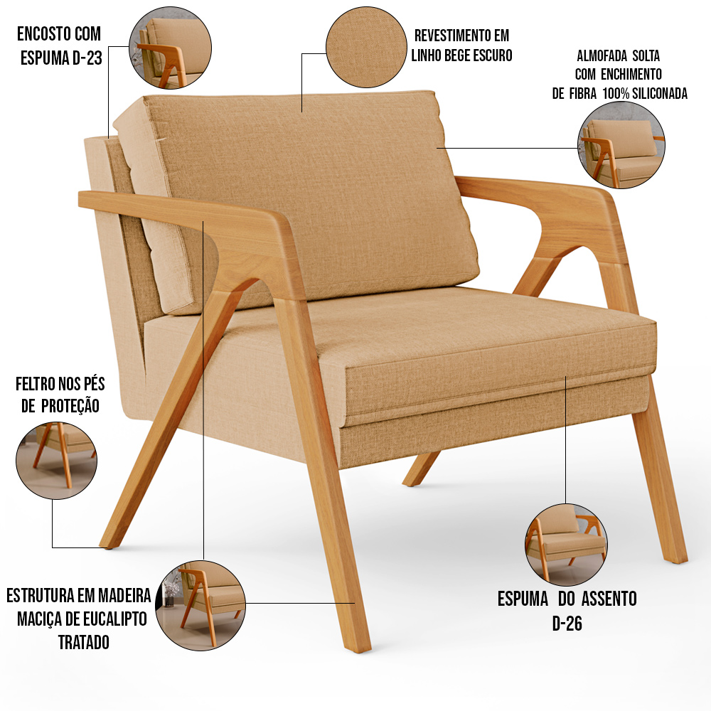 Kit 04 Poltronas Decorativa Para Sala Pietra Estrutura De Madeira L02 Linho Bege Escuro - Lyam Decor