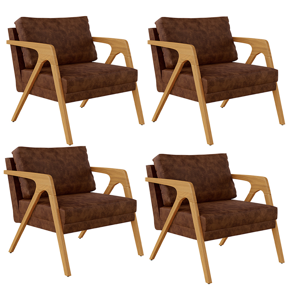 Kit 04 Poltronas Decorativa Sala Estar Pietra Com Estrutura Madeira L02 Couríssimo Marrom-Lyam Decor