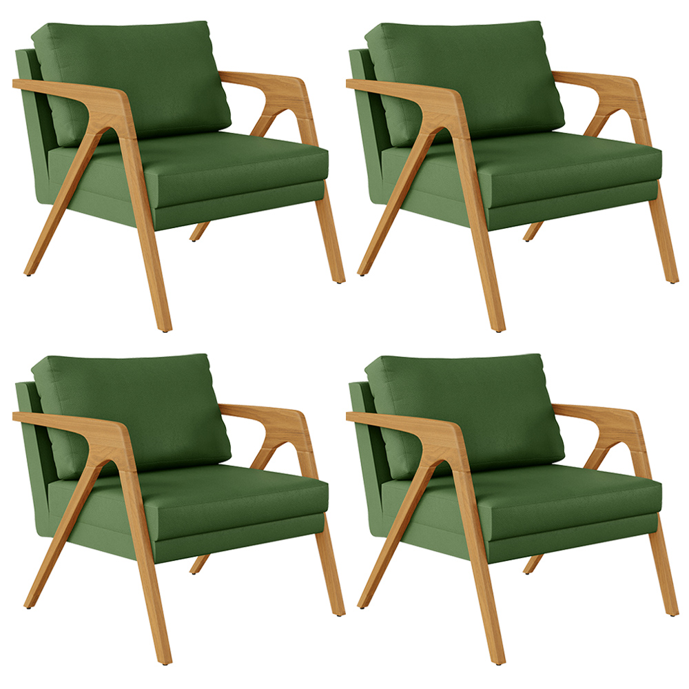 Kit 04 Poltronas Decorativa Sala Pietra Com Estrutura Madeira L02 Facto Verde Musgo - Lyam Decor