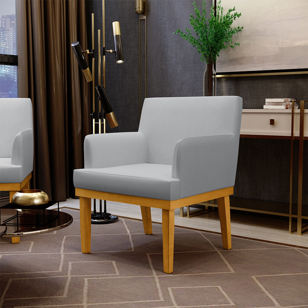 Kit 04 Poltronas Decorativas Para Sala De Estar Base Mel Beatriz W01 Linho Cinza - Lyam Decor