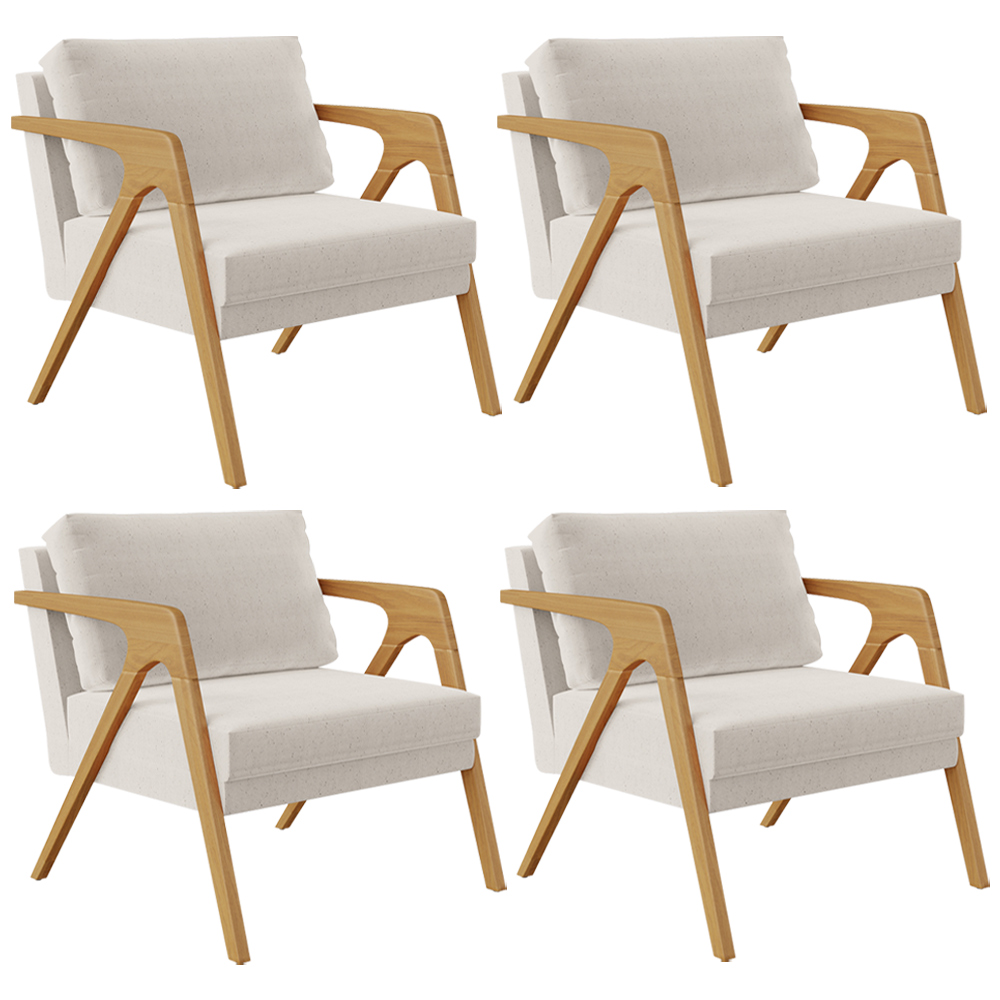 Kit 04 Poltronas Decorativas Para Sala Estar Pietra Estrutura De Madeira L02 Linho Cru - Lyam Decor