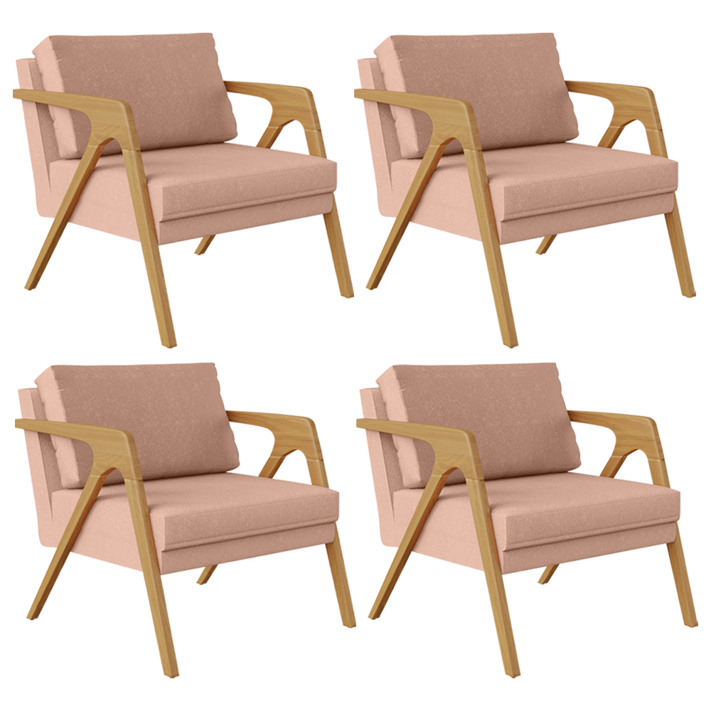 Kit 04 Poltronas Decorativas Para Sala Estar Pietra Estrutura De Madeira L02 Linho Rosê - Lyam Decor
