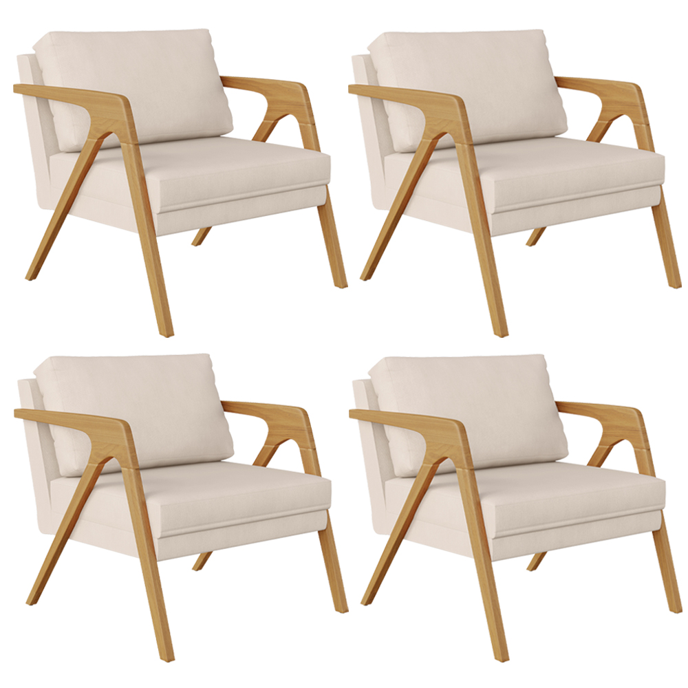 Kit 04 Poltronas Decorativas Para Sala Estar Pietra Estrutura De Madeira L02 Suede Bege - Lyam Decor