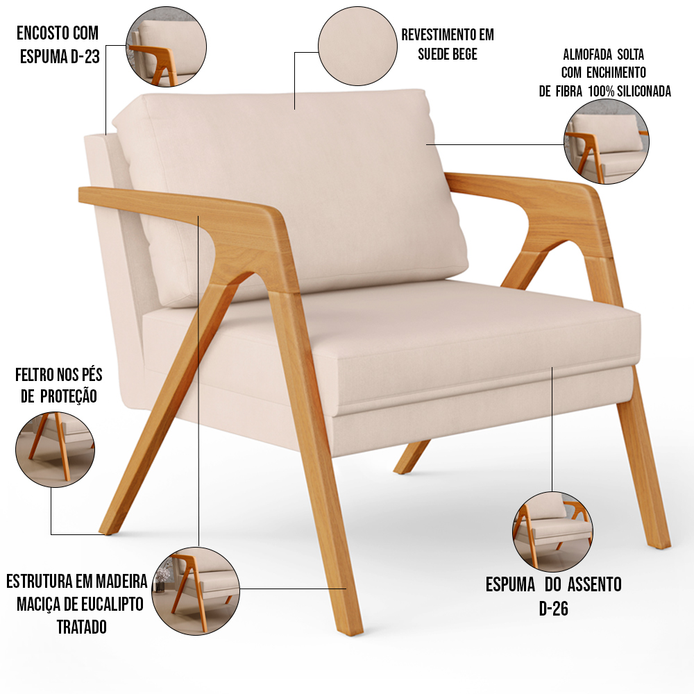 Kit 04 Poltronas Decorativas Para Sala Estar Pietra Estrutura De Madeira L02 Suede Bege - Lyam Decor