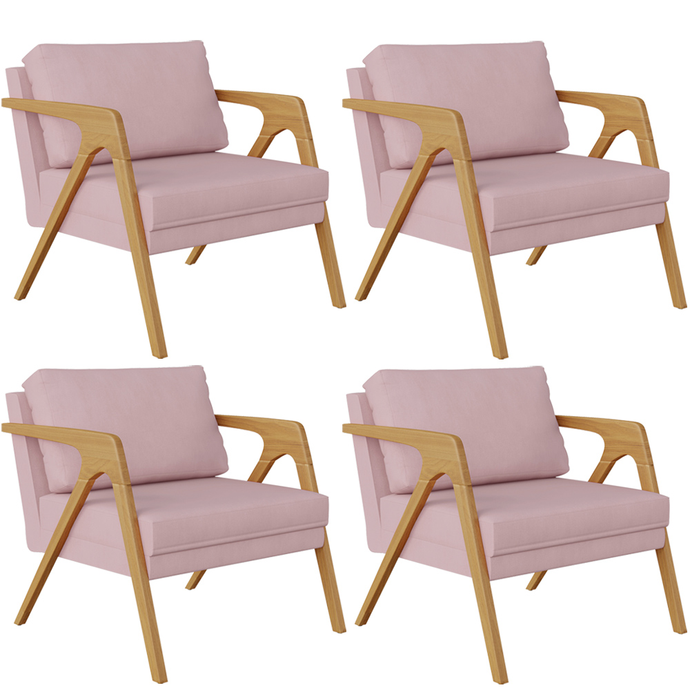 Kit 04 Poltronas Decorativas Para Sala Estar Pietra Estrutura De Madeira L02 Suede Rosê - Lyam Decor