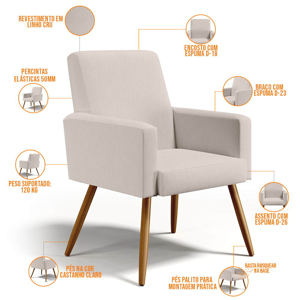 Kit 04 Poltronas Decorativas Para Sala de Estar Maria W01 Linho Cru - Lyam Decor