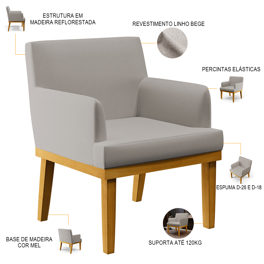 Kit 04 Poltronas Decorativas Sala De Estar Base Mel Beatriz W01 Linho Bege - Lyam Decor