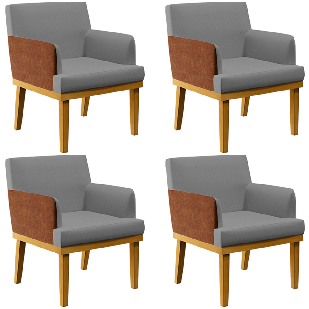 Kit 04 Poltronas Decorativas Sala Estar Beatriz W01 Linho Cinza Escuro Couríssimo Camel - Lyam Decor