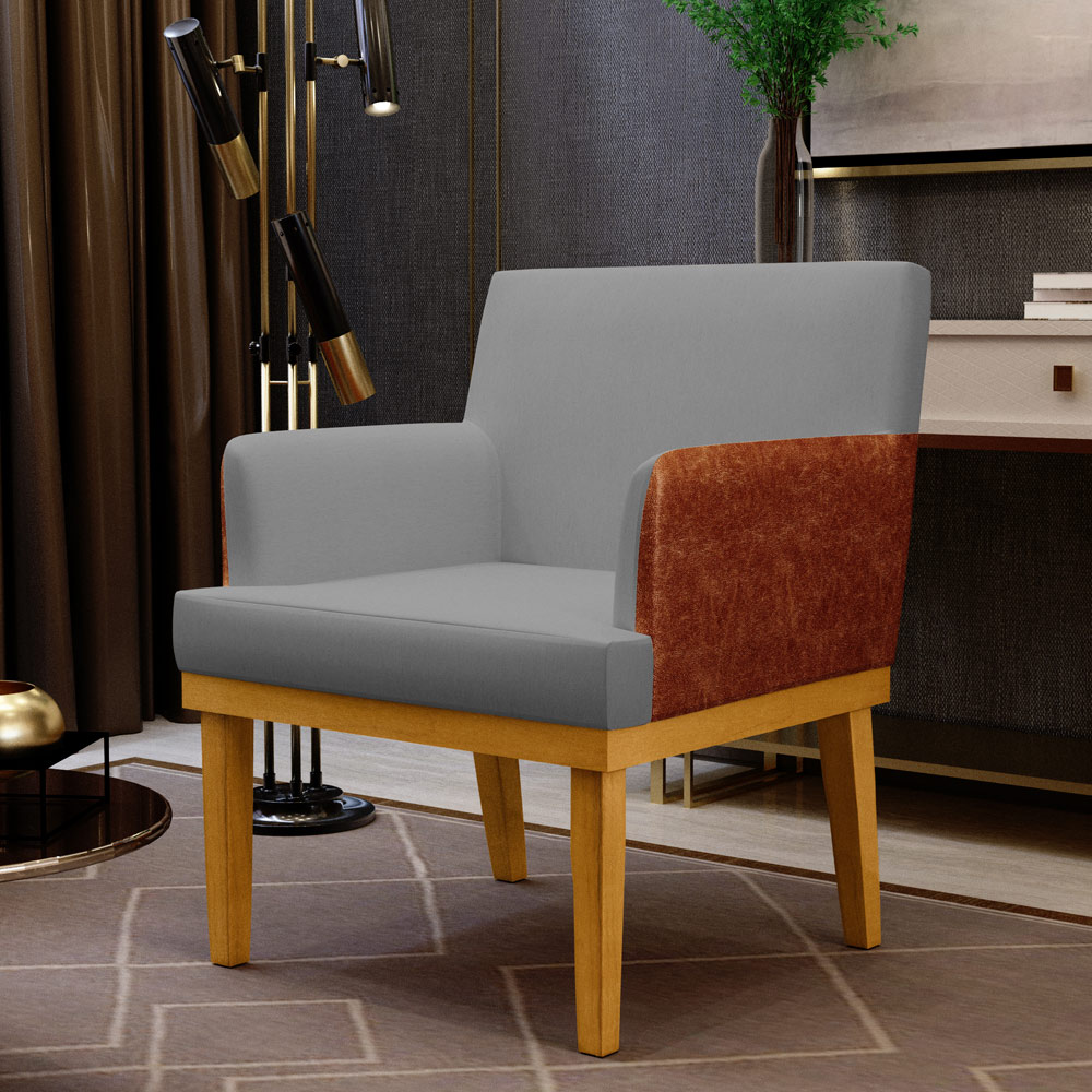 Kit 04 Poltronas Decorativas Sala Estar Beatriz W01 Linho Cinza Escuro Couríssimo Camel - Lyam Decor