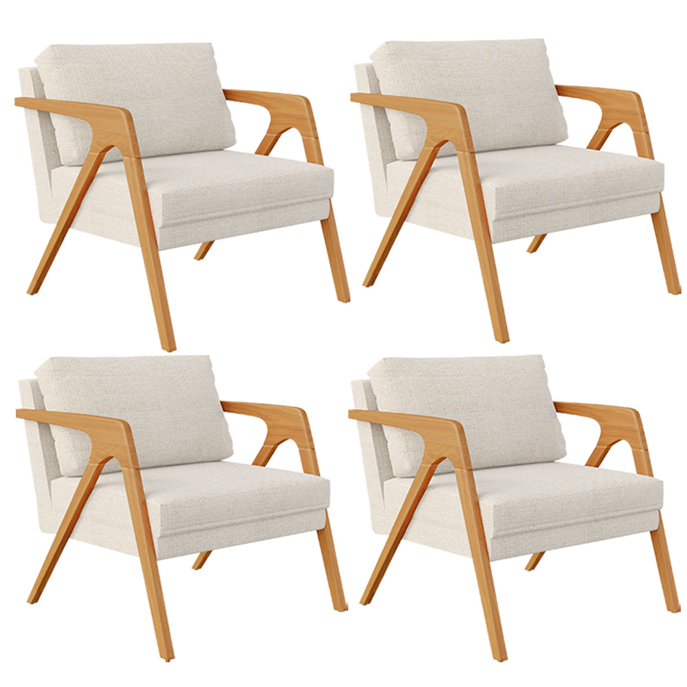Kit 04 Poltronas Decorativas Sala Estar Pietra Estrutura De Madeira L02 Linho Champagne - Lyam Decor