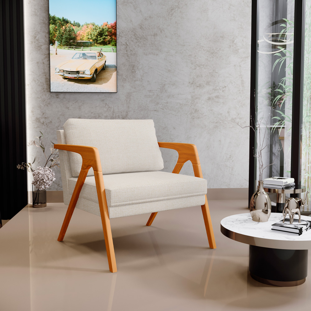Kit 04 Poltronas Decorativas Sala Estar Pietra Estrutura De Madeira L02 Linho Champagne - Lyam Decor