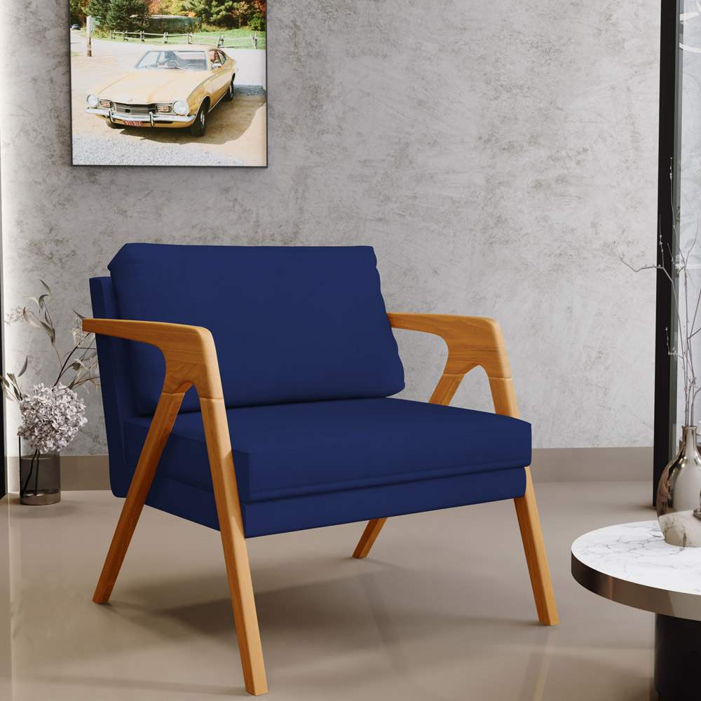 Kit 04 Poltronas Decorativas Sala Pietra Estrutura De Madeira L02 Suede Azul Marinho - Lyam Decor