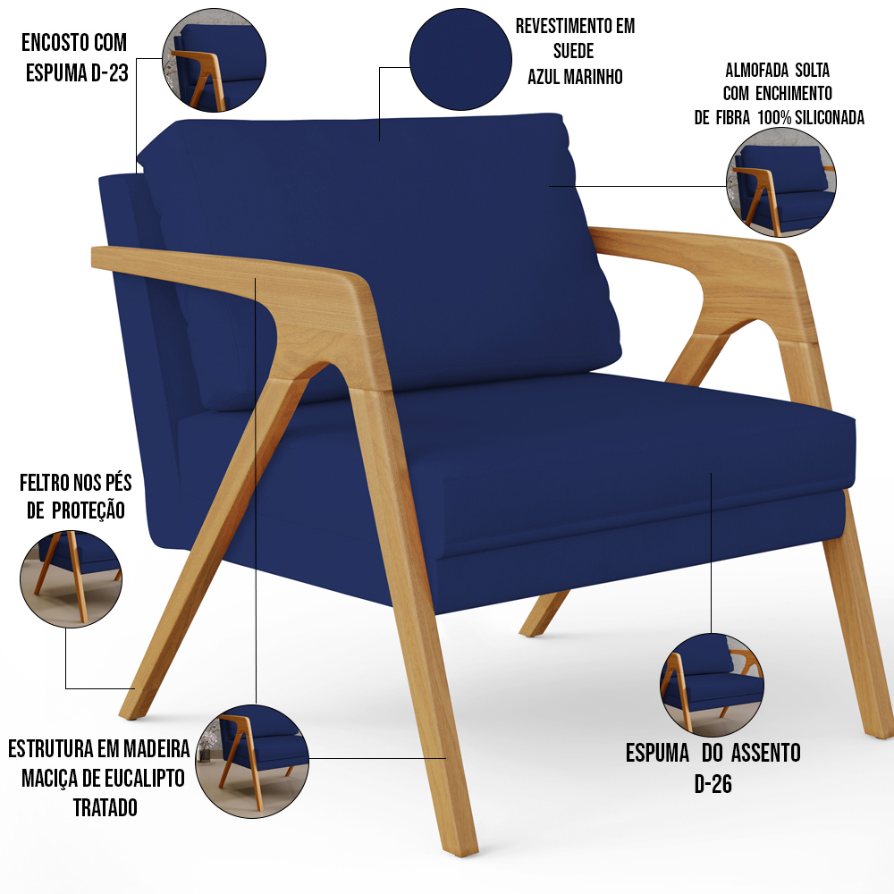 Kit 04 Poltronas Decorativas Sala Pietra Estrutura De Madeira L02 Suede Azul Marinho - Lyam Decor