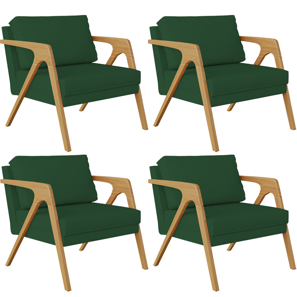 Kit 04 Poltronas Decorativas Sala Pietra Estrutura De Madeira L02 Suede Verde Musgo - Lyam Decor
