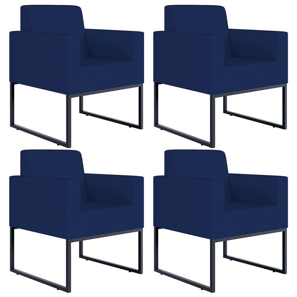 Kit 04 Poltronas Decorativas Sala Recepção Base Fixa Metal Helô L02 Suede Azul Marinho - Lyam Decor