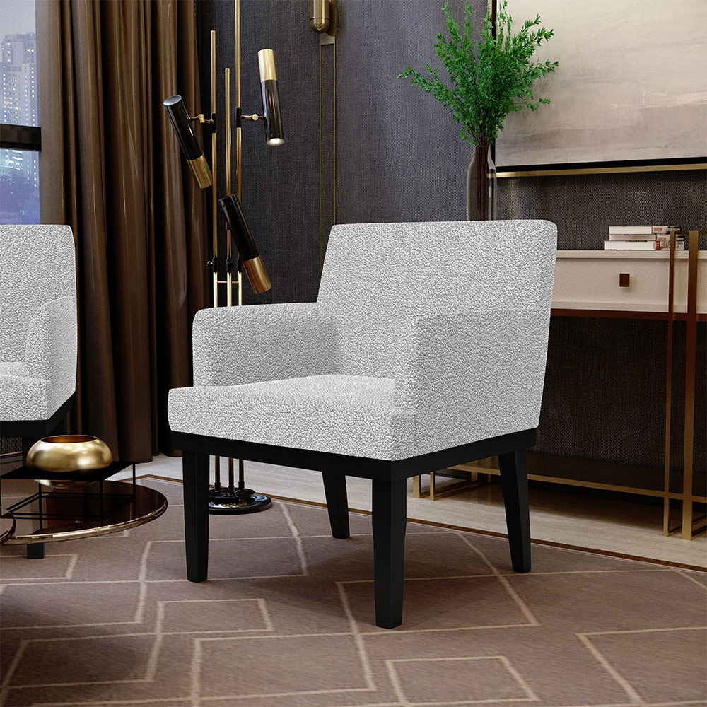 Kit 04 Poltronas Decorativas Sala de Estar Base Preto Beatriz W01 Bouclê Cinza - Lyam Decor