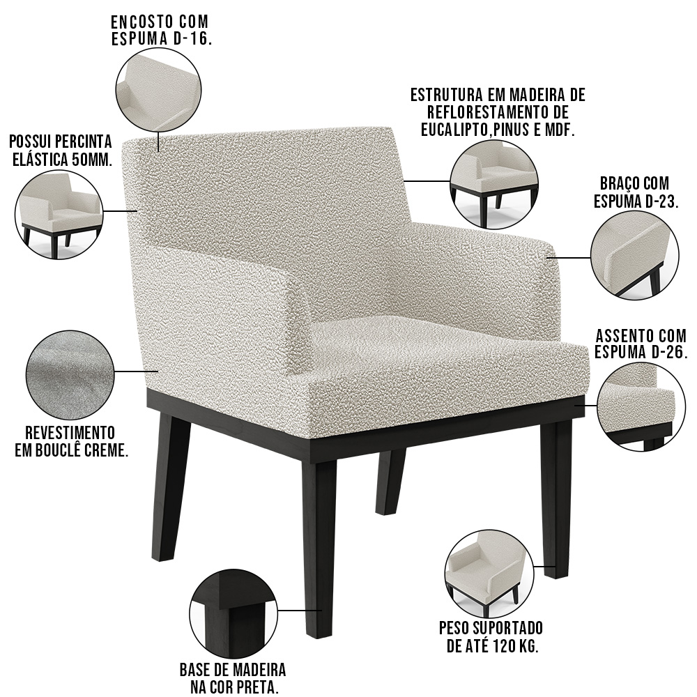 Kit 04 Poltronas Decorativas Sala de Estar Base Preto Beatriz W01 Bouclê Creme - Lyam Decor