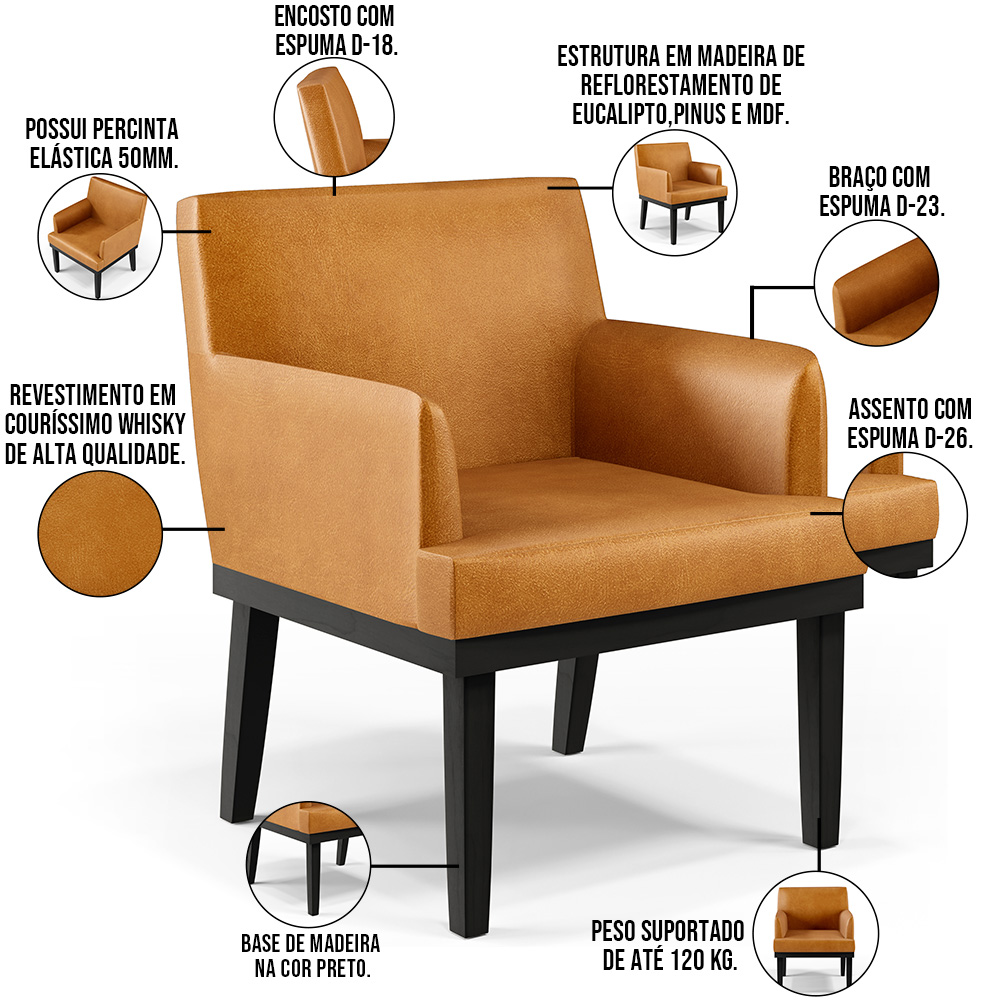 Kit 04 Poltronas Decorativas Sala de Estar Base Preto Beatriz W01 Couríssimo Whisky - Lyam Decor