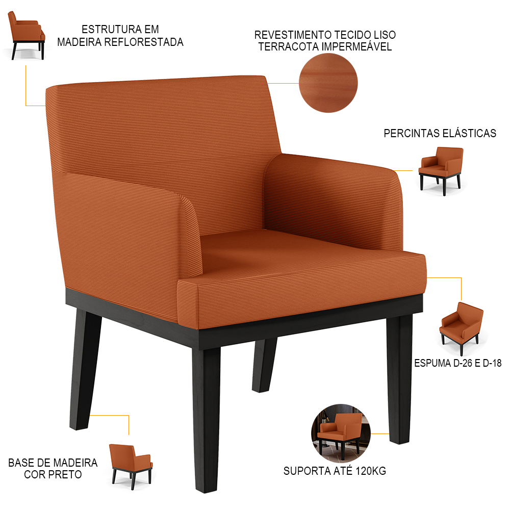 Kit 04 Poltronas Decorativas Sala de Estar Base Preto Beatriz W01 Tecido Terracota - Lyam Decor