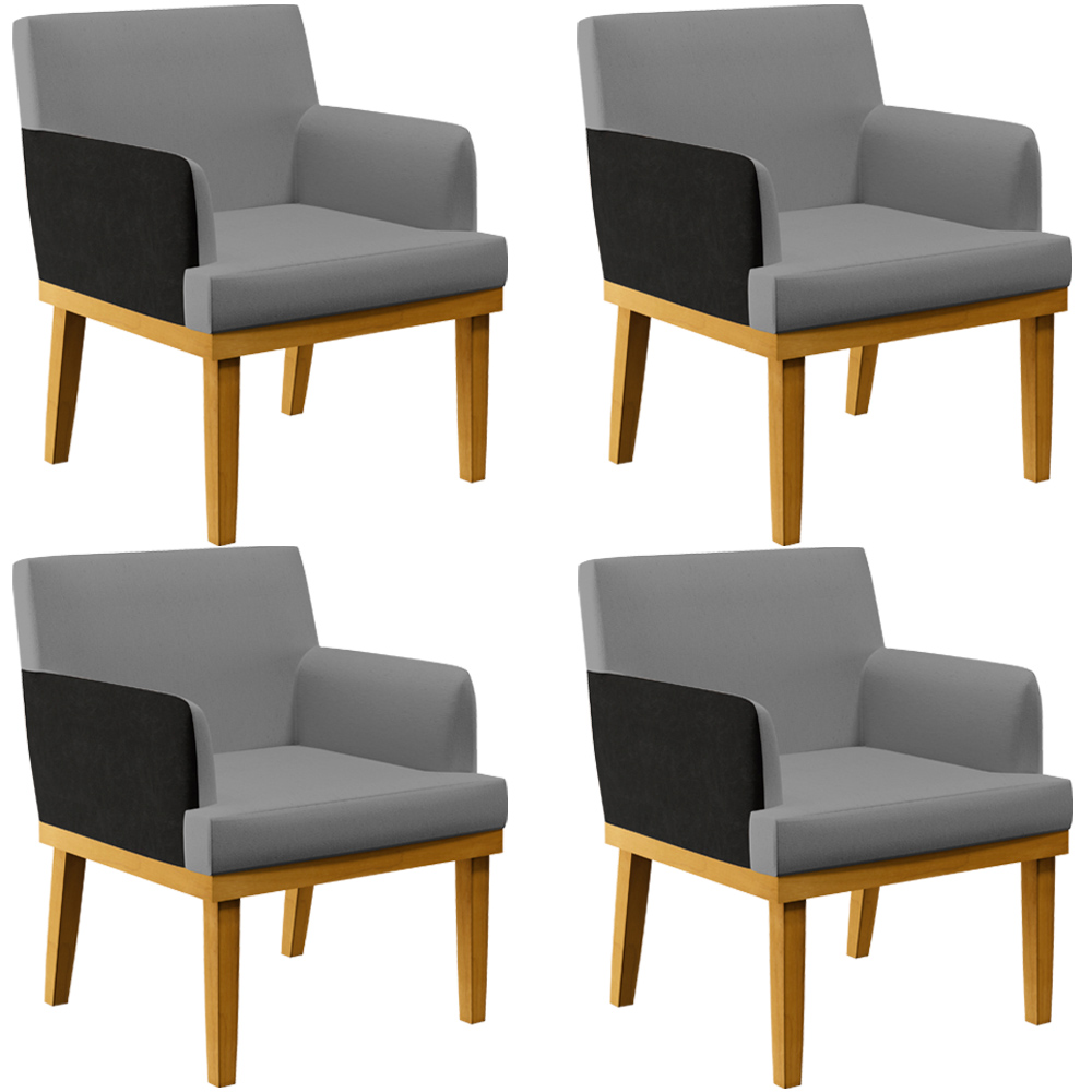 Kit 04 Poltronas Decorativas Sala de Estar Beatriz W01 Linho Cinza Escuro Couríssimo Preto - Lyam Decor