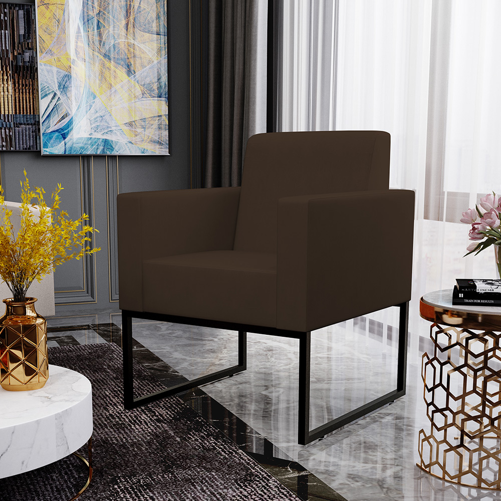 Kit 04 Poltronas Decorativas Sala e Recepção Base Fixa de Metal Helô L02 Suede Marrom - Lyam Decor