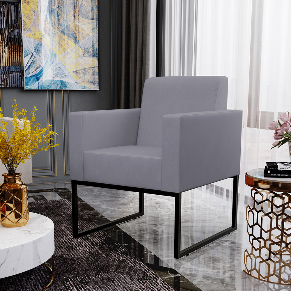 Kit 04 Poltronas Decorativas para Sala Recepção Base Fixa De Metal Helô L02 Suede Cinza - Lyam Decor