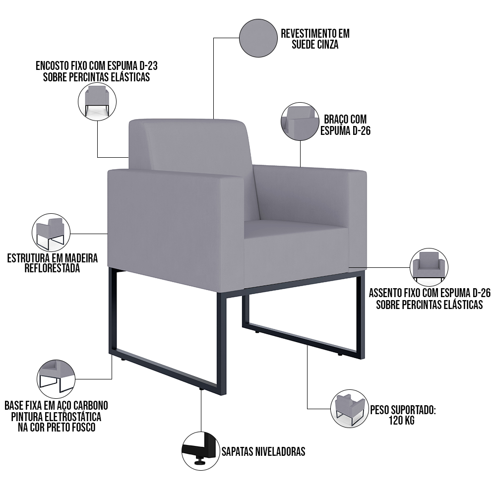 Kit 04 Poltronas Decorativas para Sala Recepção Base Fixa De Metal Helô L02 Suede Cinza - Lyam Decor