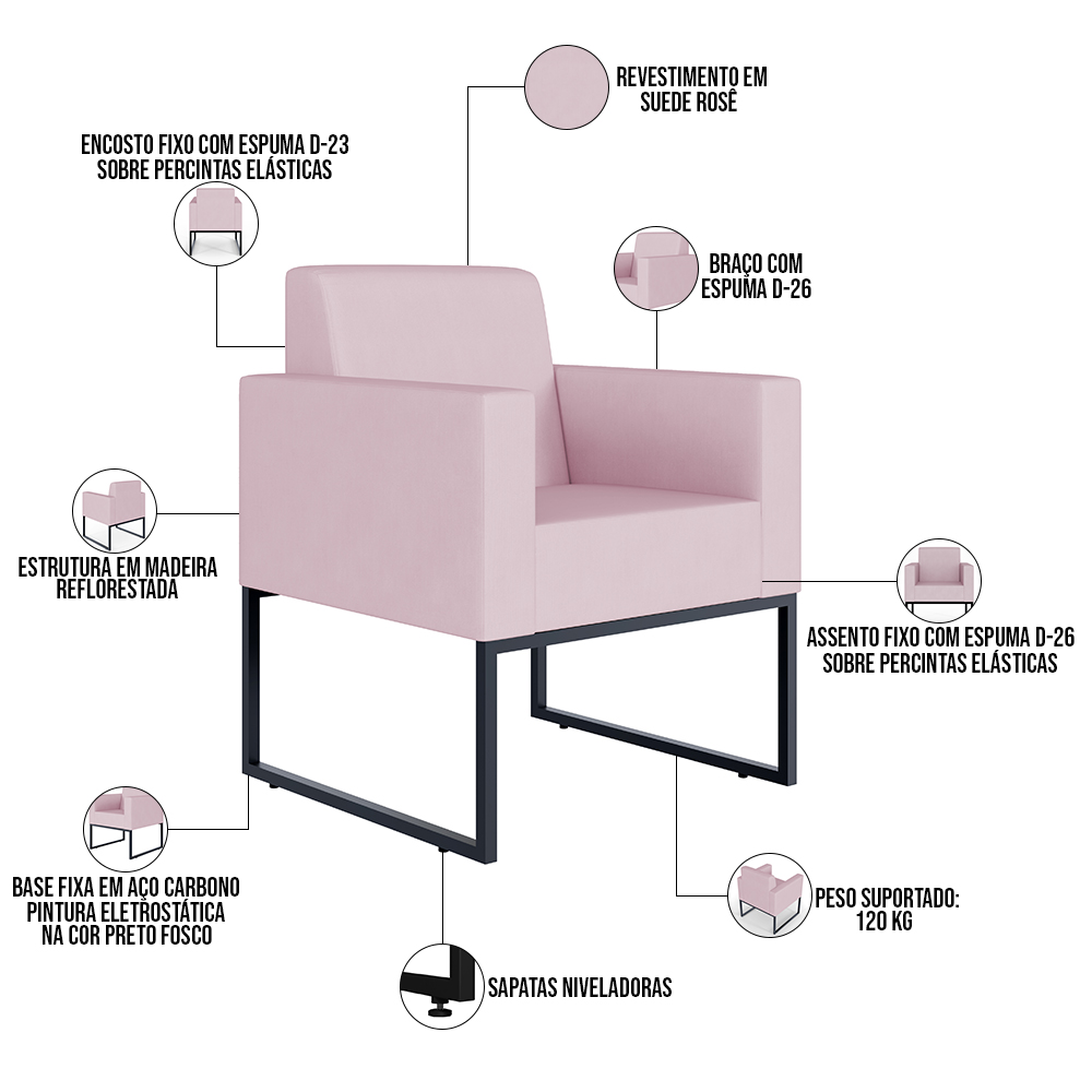 Kit 04 Poltronas Decorativas para Sala Recepção Base Fixa De Metal Helô L02 Suede Rosê - Lyam Decor