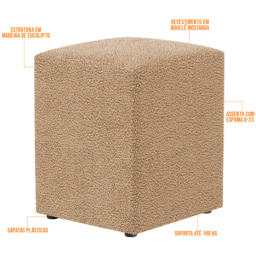 Kit 04 Puffs Quadrado Decorativo Sala De Estar L02 Bouclê Mostarda - Lyam Decor