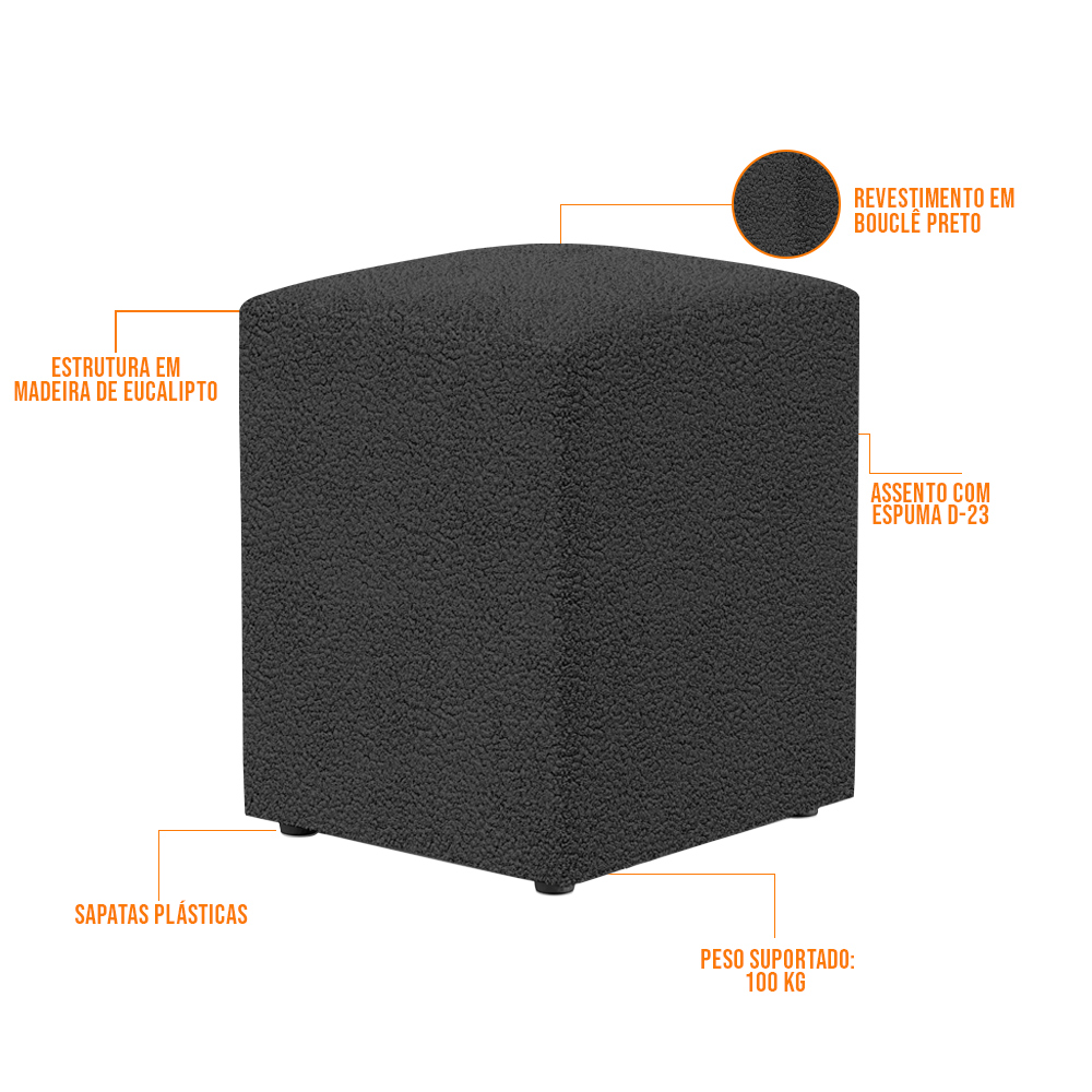 Kit 04 Puffs Quadrado L02 Decorativo Bouclê Preto - Lyam Decor