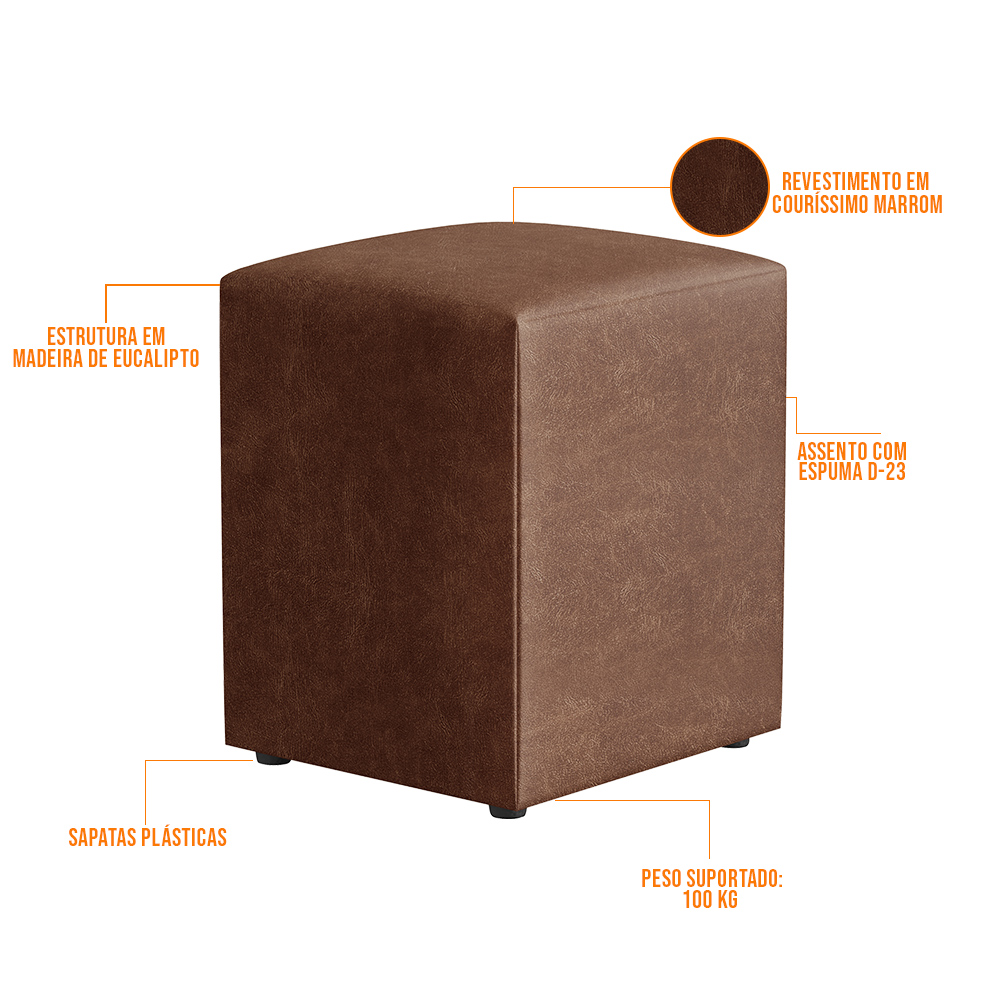 Kit 04 Puffs Quadrado L02 Decorativo Couríssimo Marrom - Lyam Decor