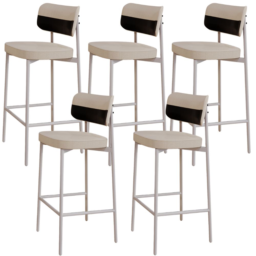Kit 05 Banquetas Alta Bar Cozinha Sala De Jantar Aço Branco Kaira C01 Linho Areia Courino Preto - Lyam Decor