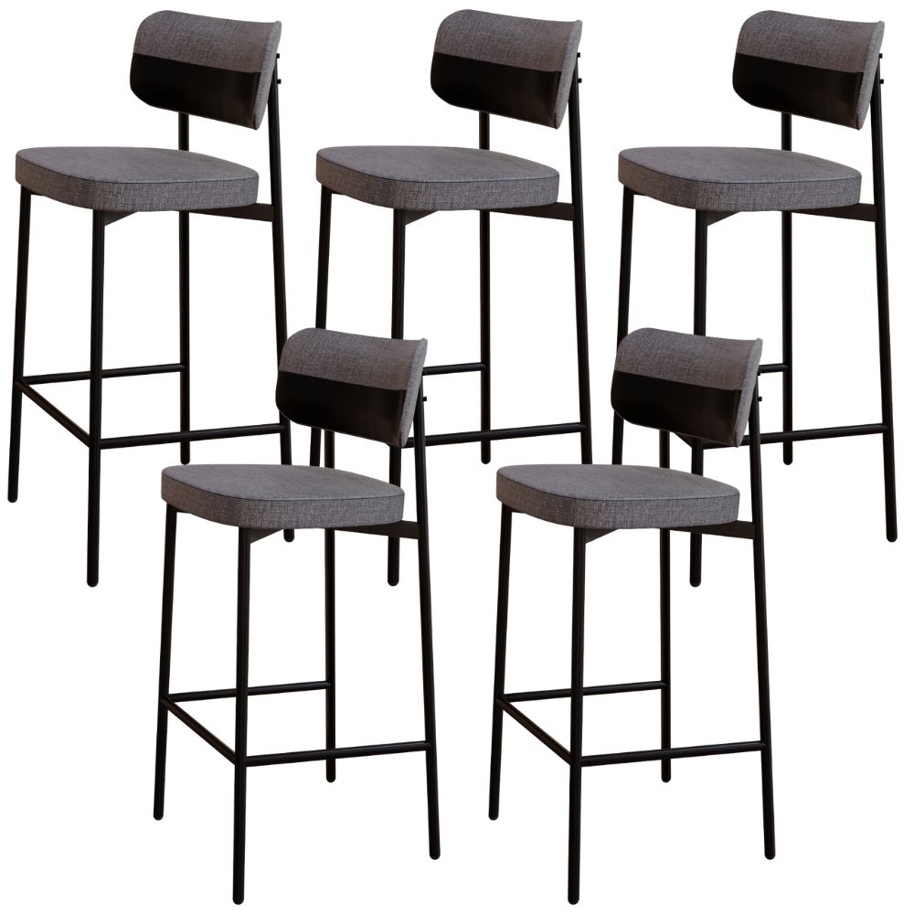 Kit 05 Banquetas Alta Bar Cozinha Sala De Jantar Aço Preto Kaira C01 Linho Cinza Courino Preto - Lyam Decor